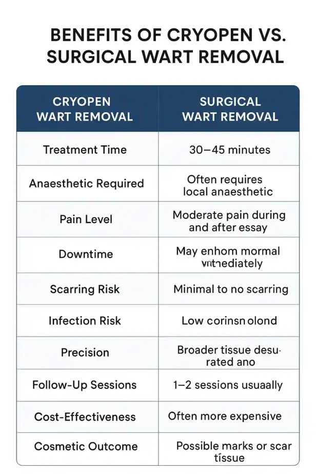 Table showing the benefits of cryopen to remove warts Broxburn compared to surgical treatment